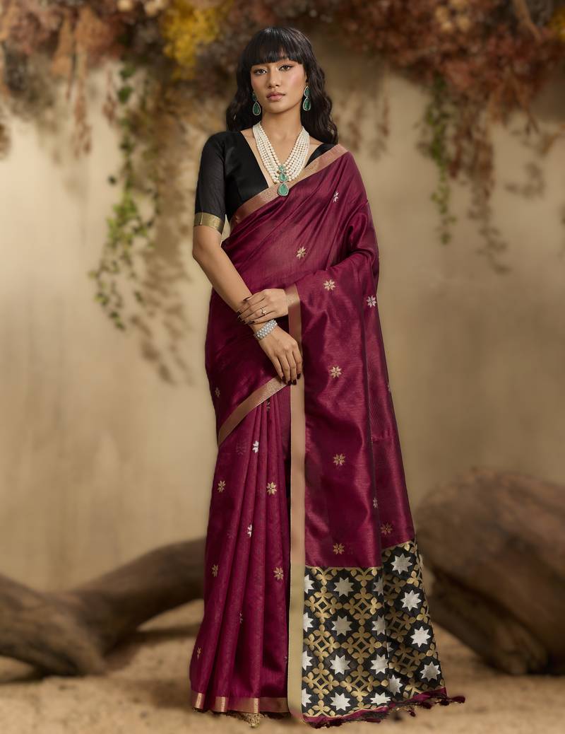 Maroon tussar silk handloom weaving     premium quality fabric