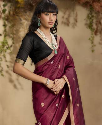 maroon elegant pure satin weaving saree with matching satin blouse  soft shiny 3