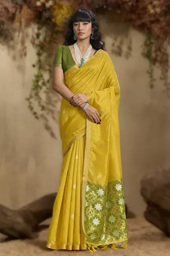 Yellow tussar silk handloom weaving     premium quality fabric