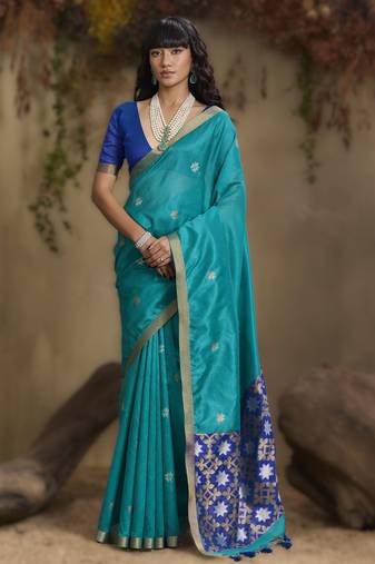 Sky blue tussar silk handloom weaving     premium quality fabric