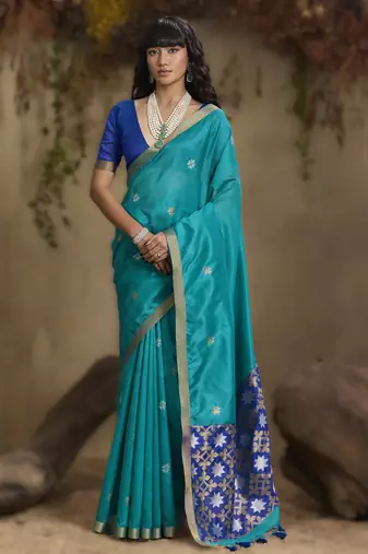 Sky blue tussar silk handloom weaving     premium quality fabric