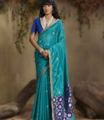 Sky blue tussar silk handloom weaving     premium quality fabric