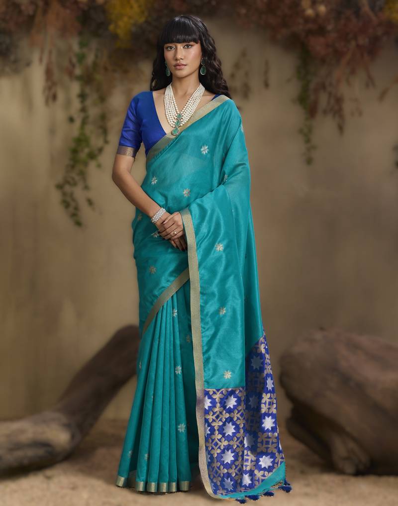 Sky blue tussar silk handloom weaving     premium quality fabric