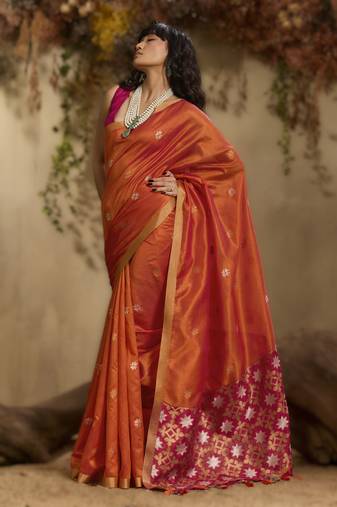 Orange tussar silk handloom weaving     premium quality fabric