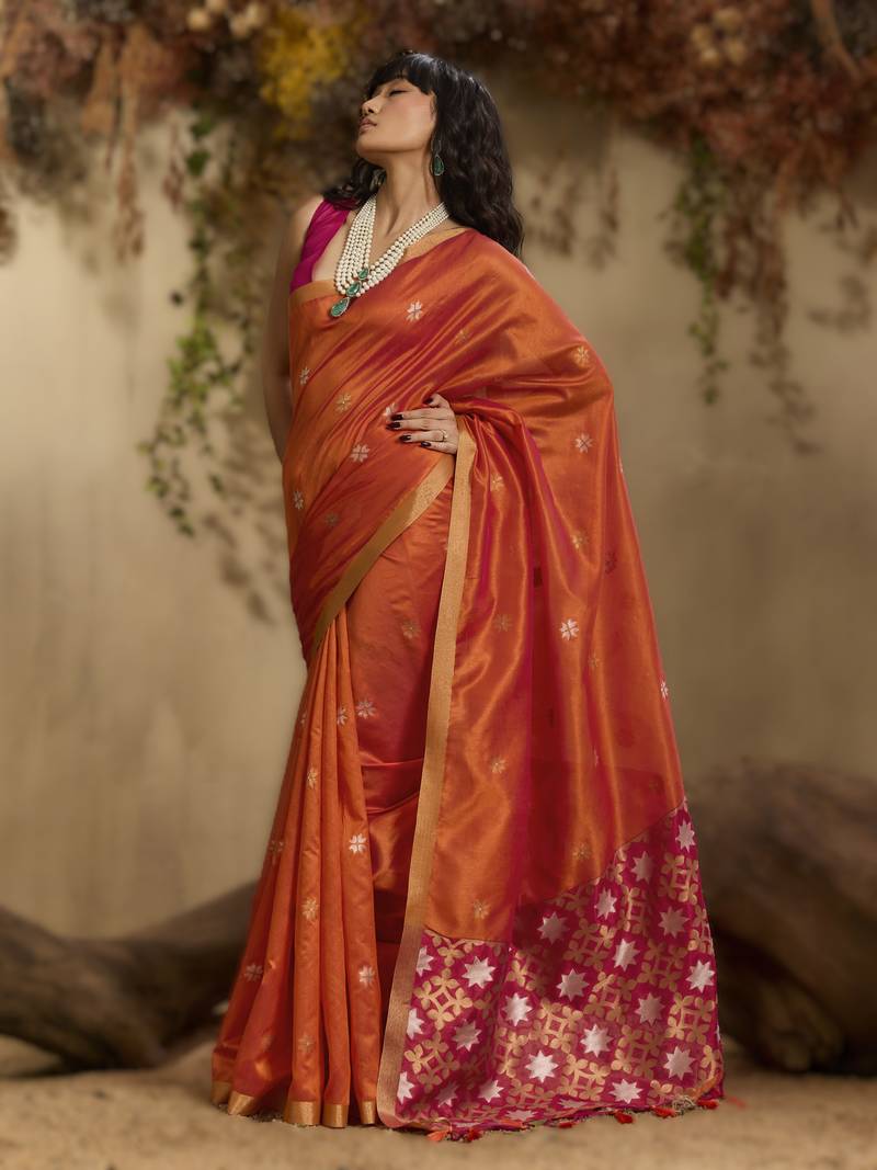 Orange tussar silk handloom weaving     premium quality fabric