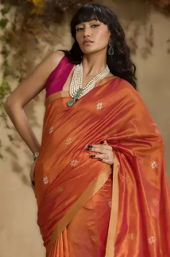 Orange tussar silk blend weaving  premium quality fabric