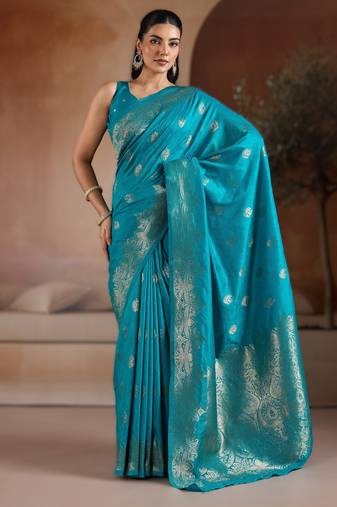 Sky blue handloom weaving silk     premium quality fabric |