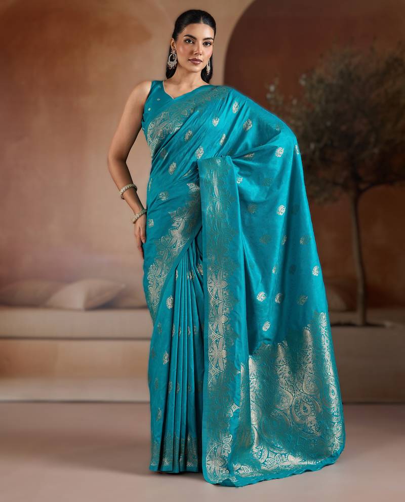 Sky blue handloom weaving silk     premium quality fabric |