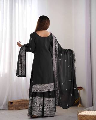 Women black sequins zari coding & thread embroidered work silk blend kurta set 2