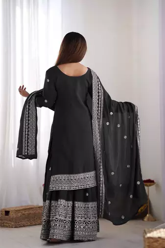 Women black sequins  zari coding & thread embroidered work silk kurta set