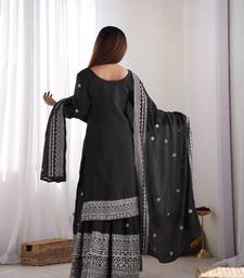 Women black sequins , zari, coding & thread embroidered work silk kurta set