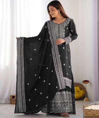 Women black sequins zari coding & thread embroidered work silk blend kurta set 1