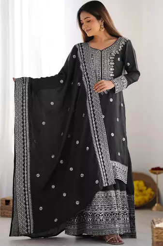 Women black sequins , zari, coding & thread embroidered work silk kurta set