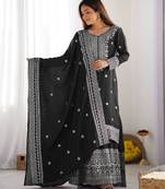 Women black sequins , zari, coding & thread embroidered work silk kurta set