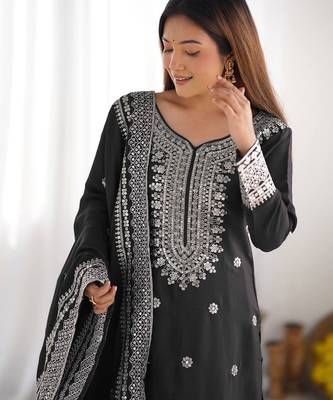 Women black sequins zari coding & thread embroidered work silk blend kurta set 3