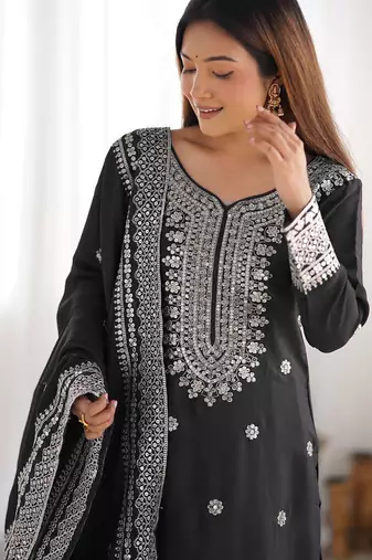 Women black sequins  zari coding & thread embroidered work silk kurta set