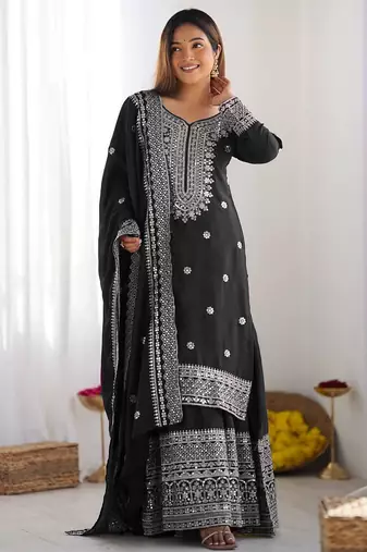 Women black sequins  zari coding & thread embroidered work silk kurta set