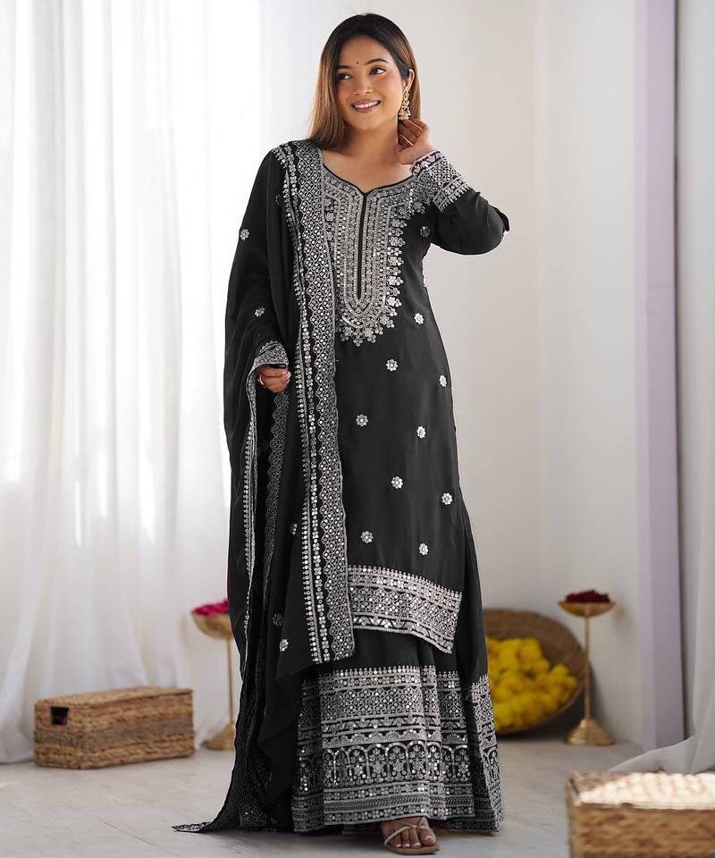 Women black sequins , zari, coding & thread embroidered work silk kurta set