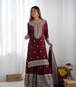Women maroon sequins , zari, coding & thread embroidered work silk kurta set
