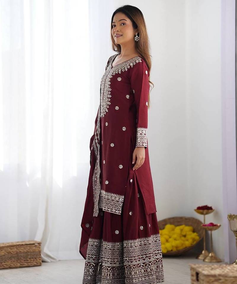 Women maroon sequins , zari, coding & thread embroidered work silk kurta set