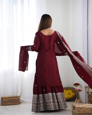 Women maroon sequins zari coding & thread embroidered work silk blend kurta set 3