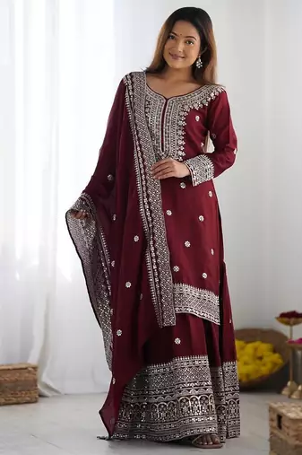 Women maroon sequins  zari coding & thread embroidered work silk kurta set