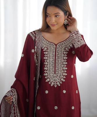 Women maroon sequins zari coding & thread embroidered work silk blend kurta set 5