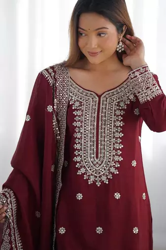 Women maroon sequins  zari coding & thread embroidered work silk kurta set