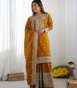 Women musturd sequins , zari, coding & thread embroidered work silk kurta set