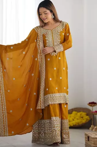 Women musturd sequins  zari coding & thread embroidered work silk kurta set