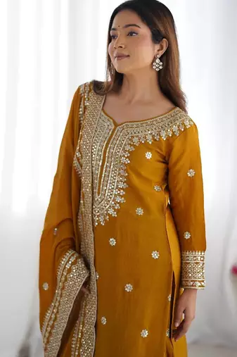 Women musturd sequins  zari coding & thread embroidered work silk kurta set