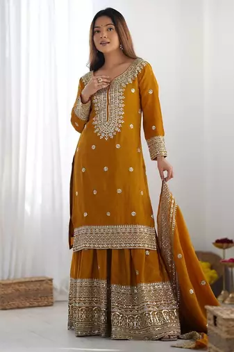 Women musturd sequins  zari coding & thread embroidered work silk kurta set