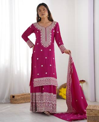Women pink sequins zari coding & thread embroidered work silk blend kurta set 1