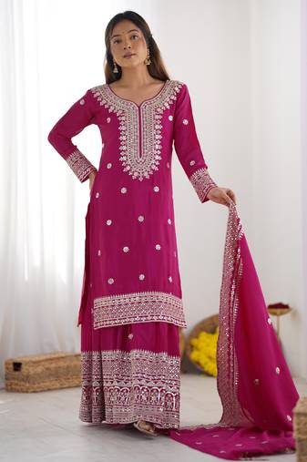 Women pink sequins , zari, coding & thread embroidered work silk kurta set