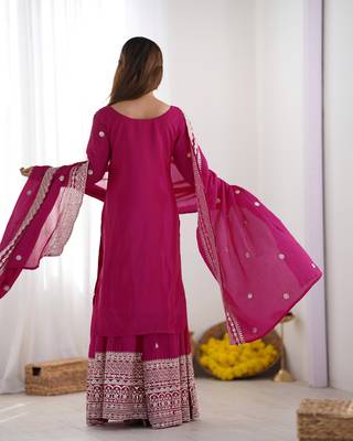 Women pink sequins zari coding & thread embroidered work silk blend kurta set 3