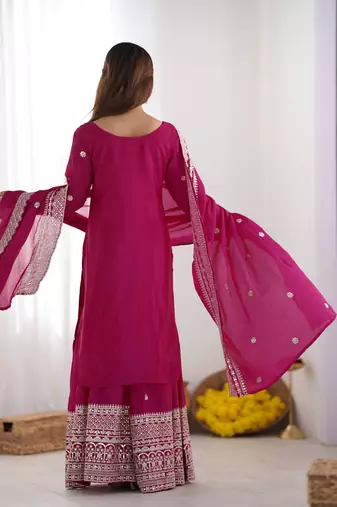 Women pink sequins  zari coding & thread embroidered work silk kurta set