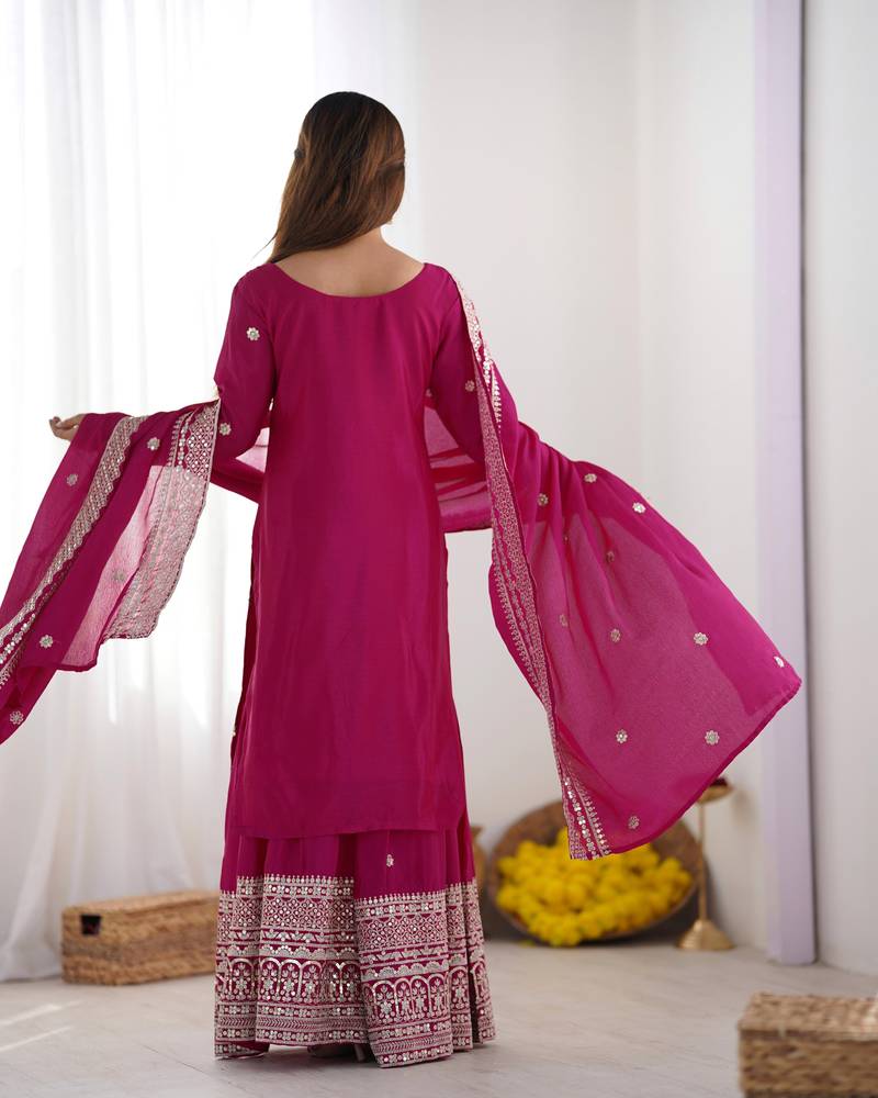 Women pink sequins , zari, coding & thread embroidered work silk kurta set