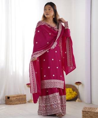 Women pink sequins zari coding & thread embroidered work silk blend kurta set 4