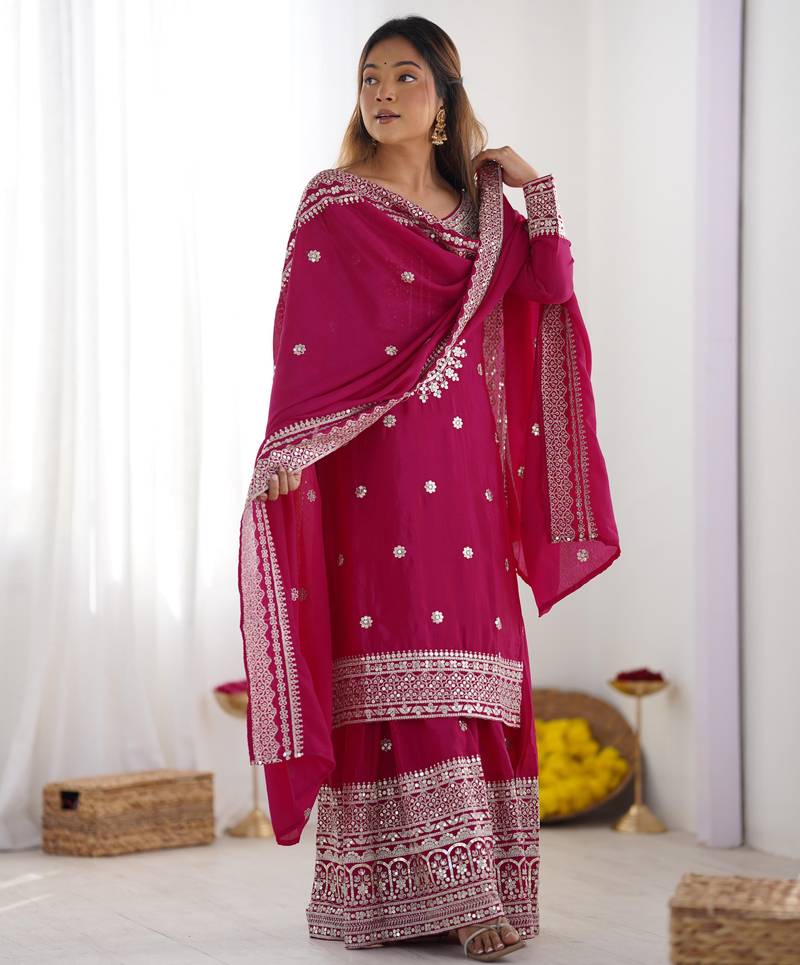 Women pink sequins , zari, coding & thread embroidered work silk kurta set