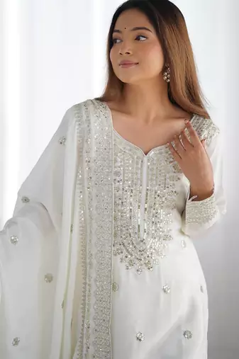 Women white sequins  zari coding & thread embroidered work silk kurta set