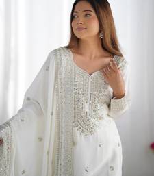 Women white sequins , zari, coding & thread embroidered work silk kurta set