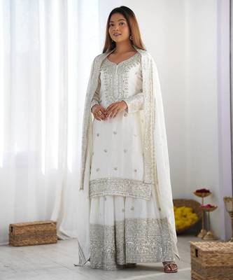 Women white sequins zari coding & thread embroidered work silk blend kurta set 5