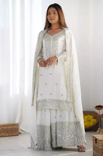 Women white sequins  zari coding & thread embroidered work silk kurta set