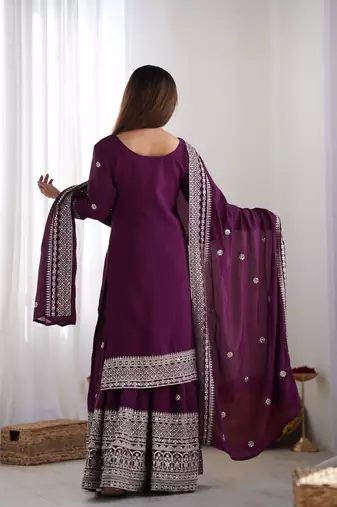 Women wine sequins  zari coding & thread embroidered work silk kurta set