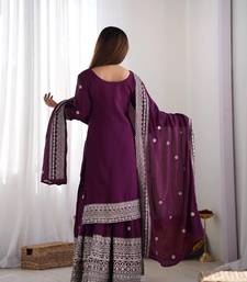 Women wine sequins , zari, coding & thread embroidered work silk kurta set