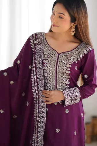 Women wine sequins  zari coding & thread embroidered work silk kurta set