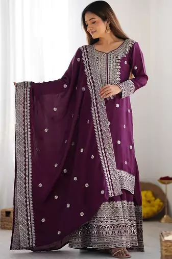 Women wine sequins , zari, coding & thread embroidered work silk kurta set