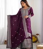Women wine sequins , zari, coding & thread embroidered work silk kurta set