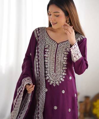 Women wine sequins zari coding & thread embroidered work silk blend kurta set 4