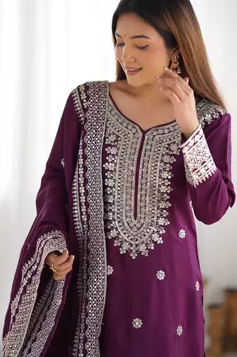 Women wine sequins  zari coding & thread embroidered work silk kurta set